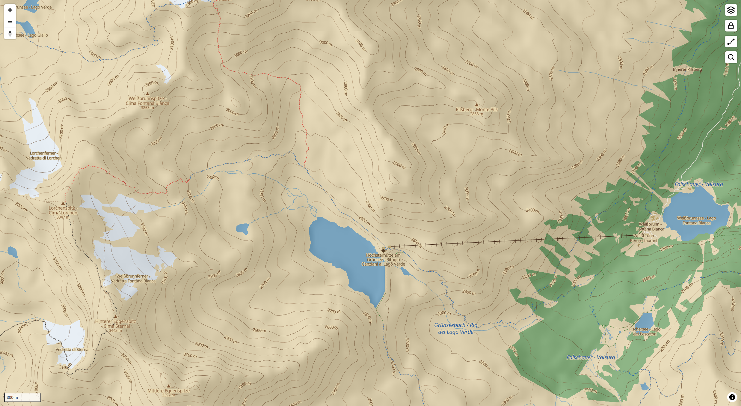 maps.webman.at zeigt alpines Gelände im Ultental in Südtirol