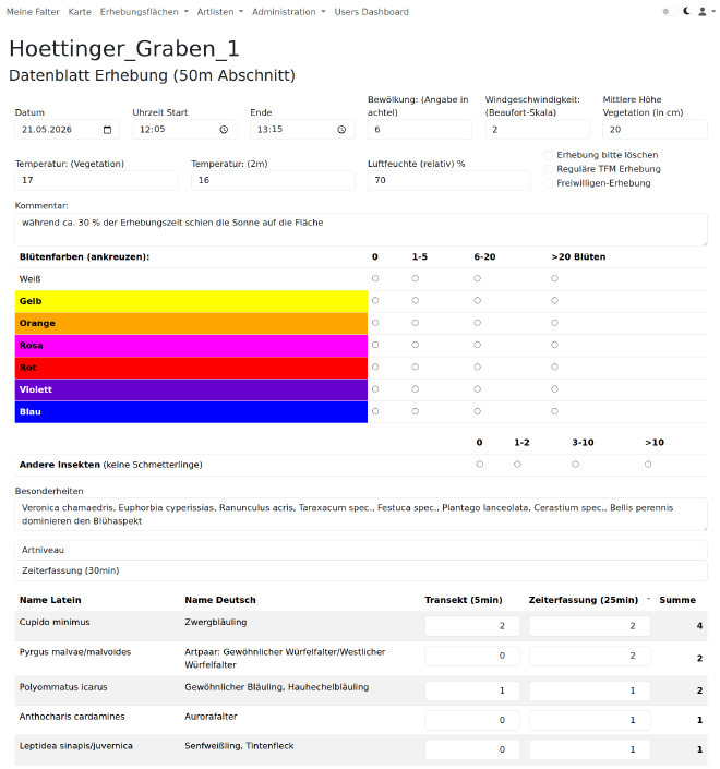Datenblatt einer Erhebung